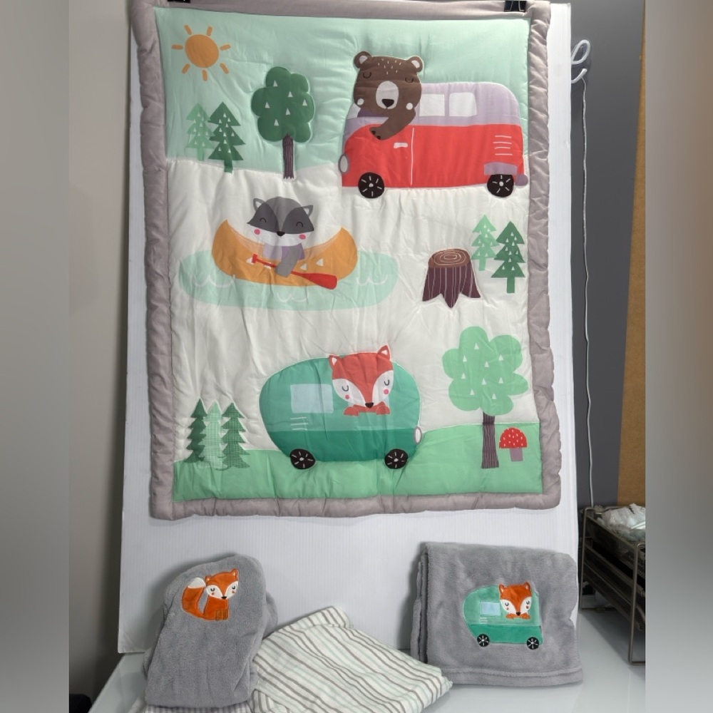 Forest animals camping baby crib bedding set 5 piece